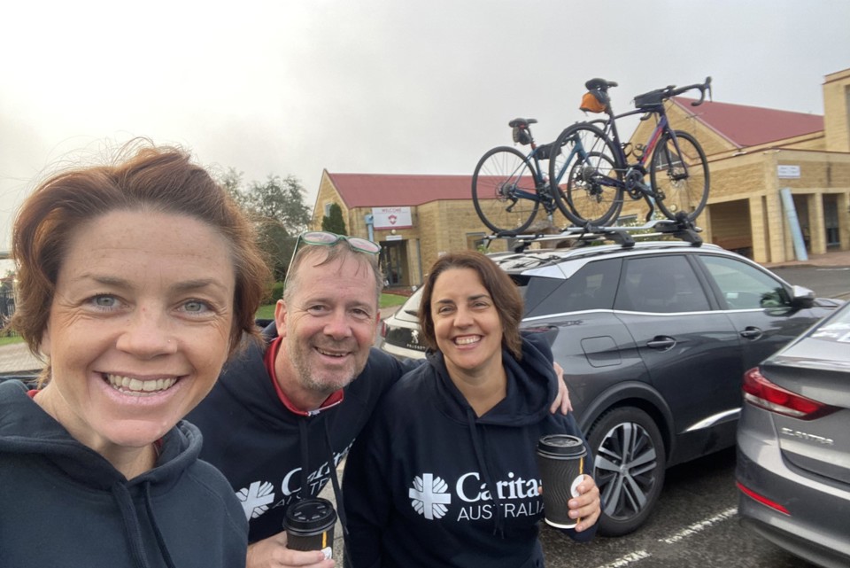 Kirsty Robertson, Richard Landels and Alicia Benardos (L-R) on the first day of the Cycle to End Poverty bike trip.