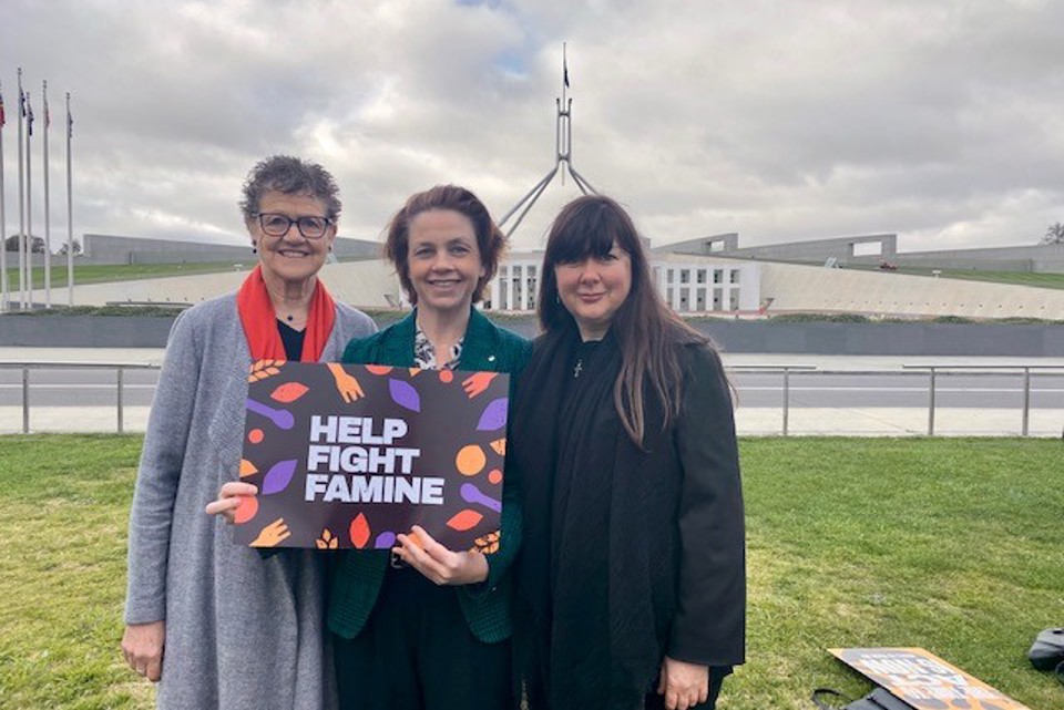 Kirsty Robertson, Caritas Australia CEO at Parliament House with Kerry Stone (L) and Tracey Tessitore (R) as part of Micah Women's network delegation. Photo Caritas Australia