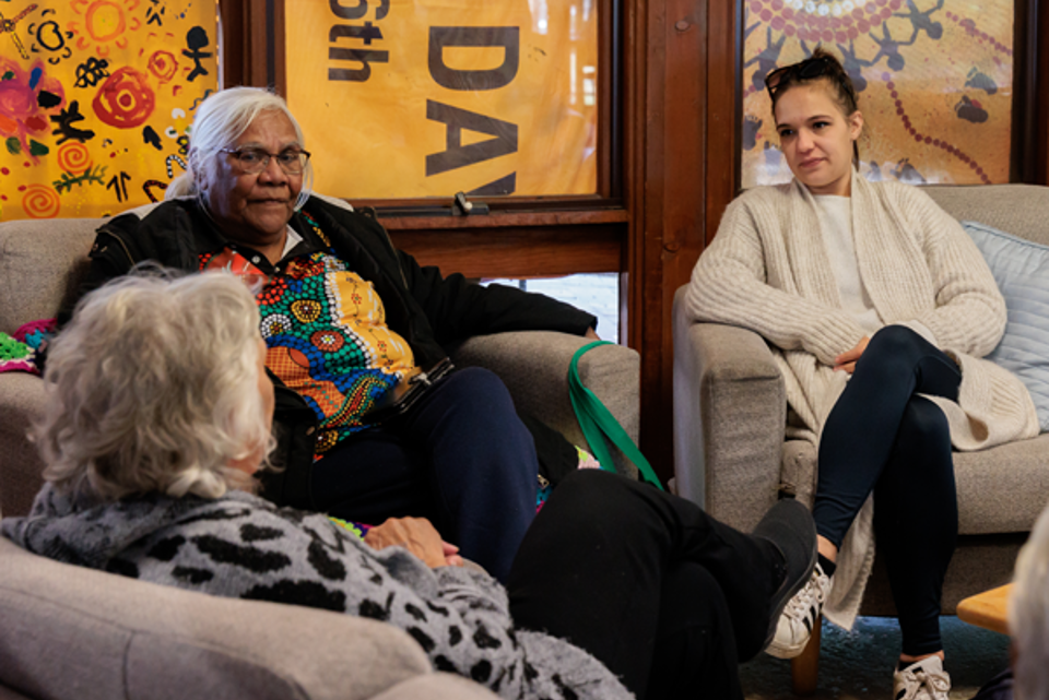 Tereesa chatting with elders at Baabayn