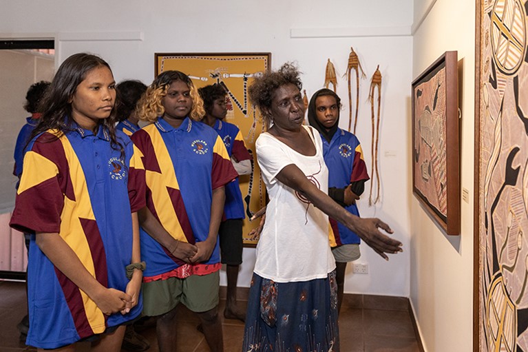 Janice leads students on a tour of the Djilpin Arts centre. Photo: Richard Wainwright/Caritas Australia